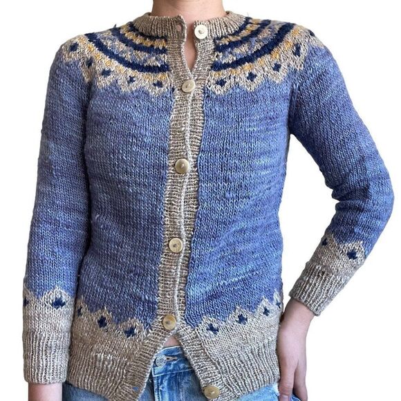 Vintage 1970s Womens Hand Knit Hand Spun Wool Blue Fair Isle Hippy Cardigan Sz S - Picture 6 of 9